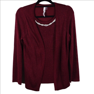 NY Collection Red Metallic Scoop Neck Long Sleeve Attached Cardigan Sweater Top